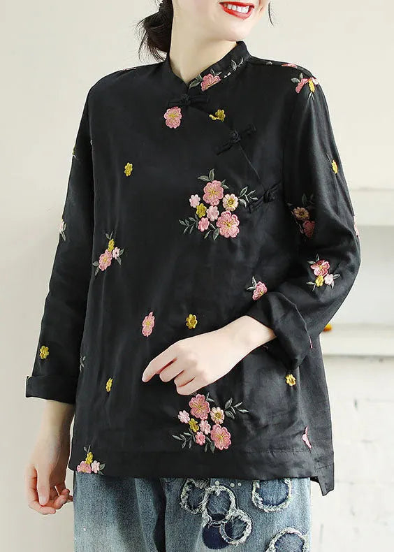 Black Patchwork Linen Shirt Top Embroidered Chinese Button Spring