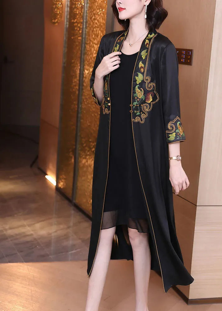 Black V Neck Print Draping Silk Long Cardigans Bracelet Sleeve