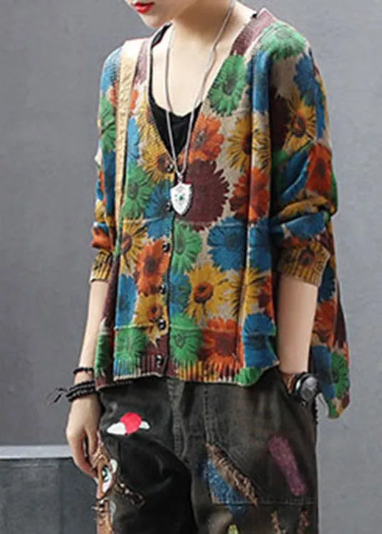 Khaki V Neck Print Knit Cardigan Spring
