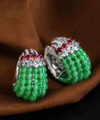Green Sterling Silver Beading Hoop Earrings