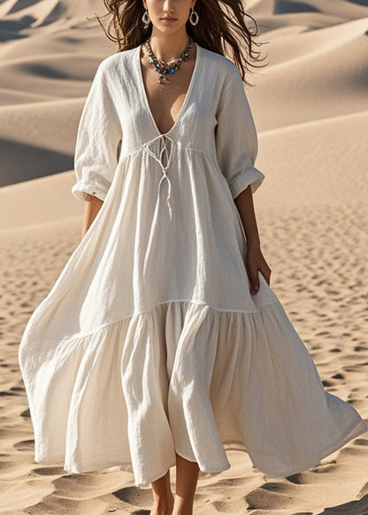 White Oversized Lace Up Cotton Robe Dresses Fall