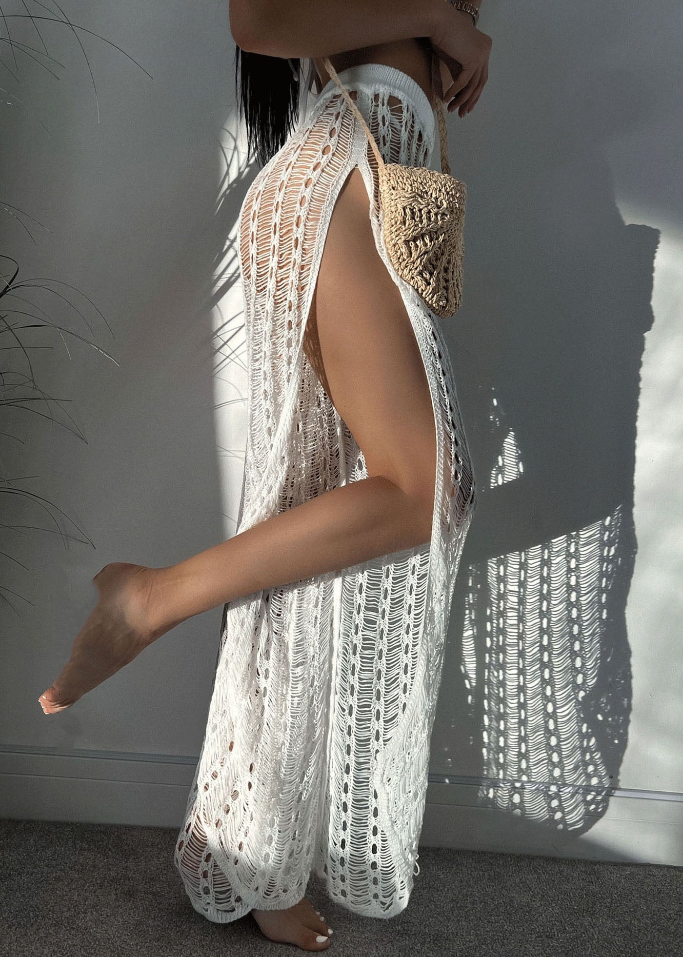 Vacation White Hollow Out Side Open Knit Beach Skirt
