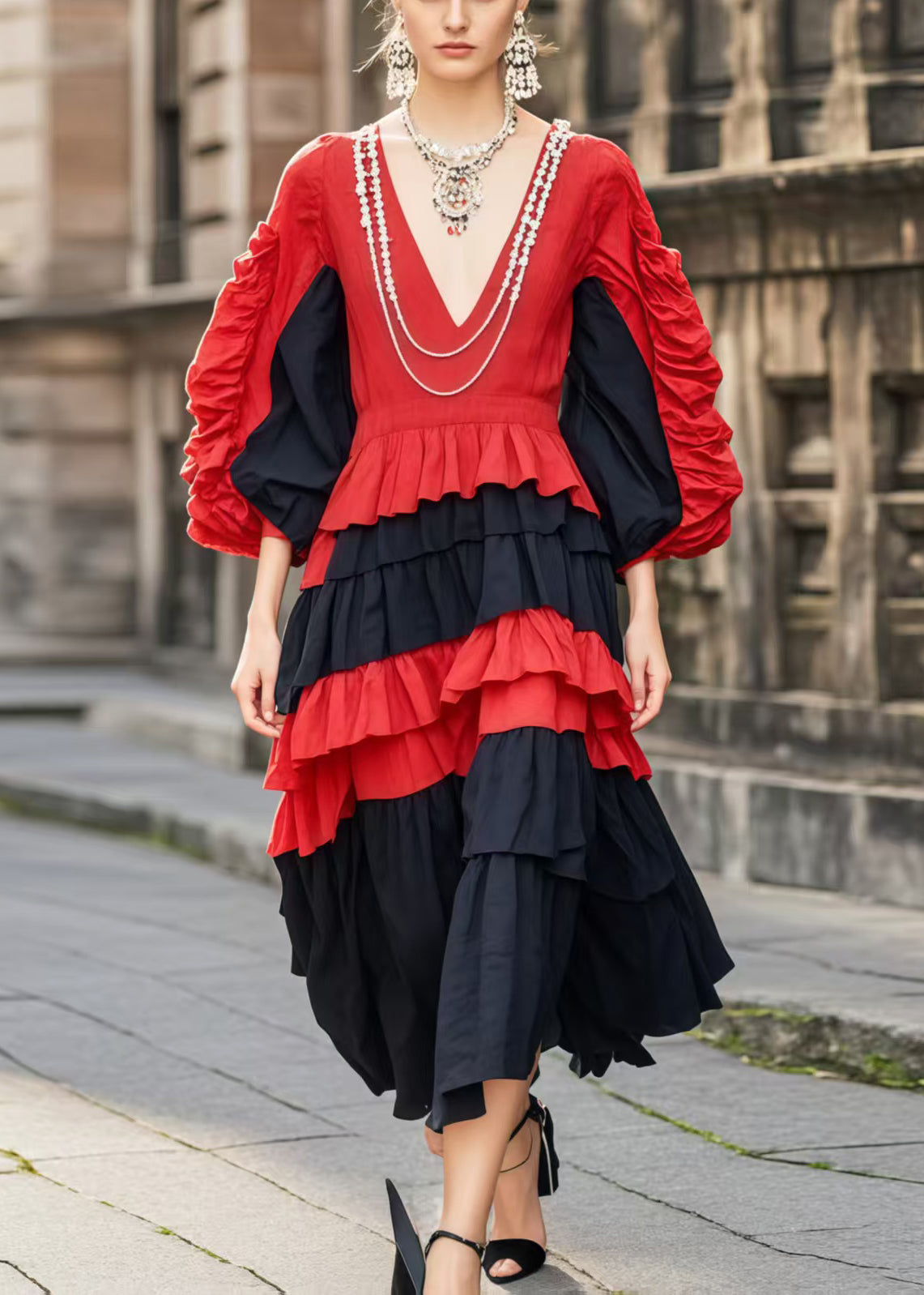 Colorblock V Neck Patchwork Wrinkled Cotton Dress Spring