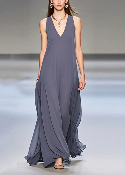 Grey Exra Large Hem Draping Chiffon Long Dresses Sleeveless