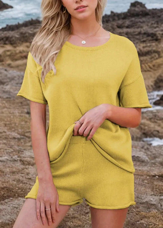 Simple Green O Neck Knit Sets 2 Pieces Summer