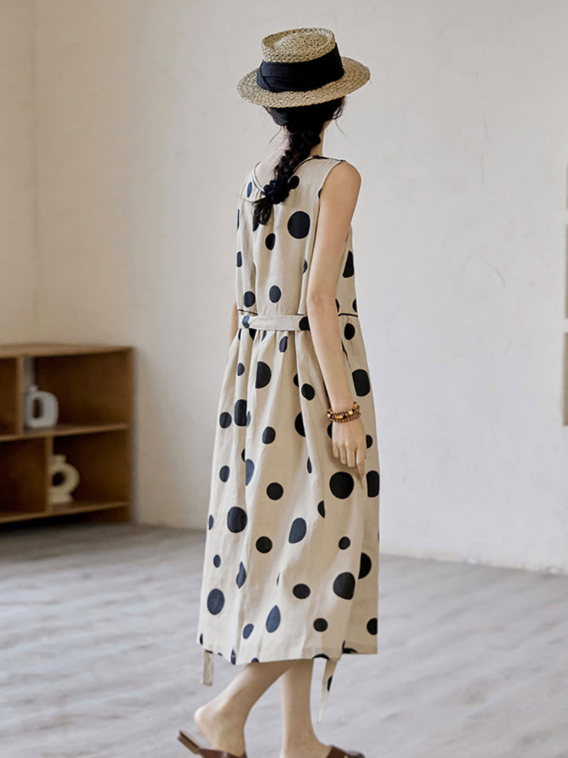 Summer Dot Drawstring Linen Vest Dress