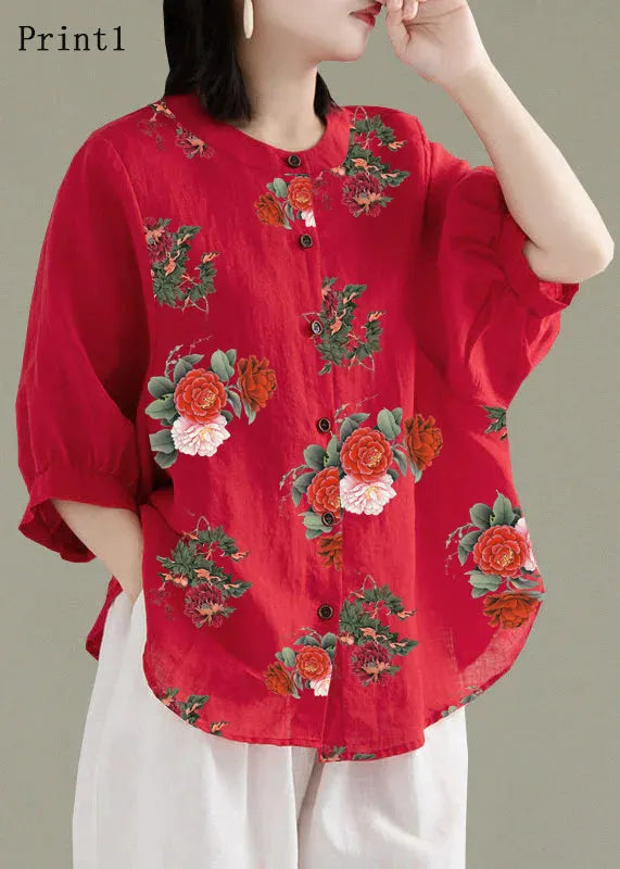 Art Red O-neck Button Linen Loose Shirt Top Lantern Sleeve