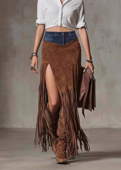 Chocolate Tassel Patchwork Faux Suede Skirt Spring