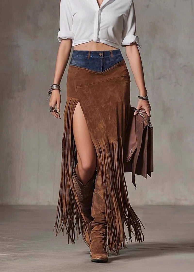 Chocolate Tassel Patchwork Faux Suede Skirt Spring