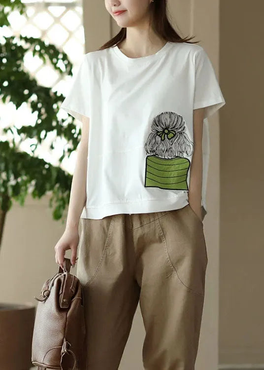 White O-neck Embroidered Patchwork Cotton Top Summer