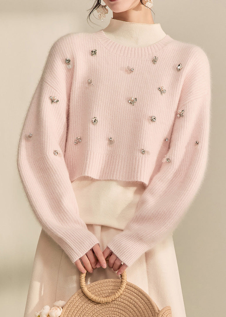 Pink O-neck Nail Bead Cotton Knit Short Sweater Spring