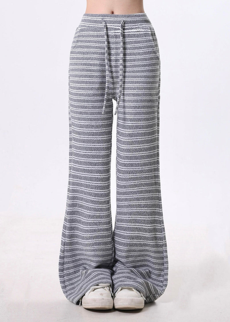 Grey Striped Cotton Bell-bottom Trousers Spring