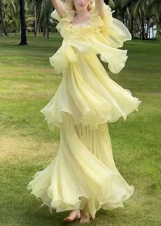 Yellow Slash Neck Ruffled Patchwork Tulle Maxi Dress Sleeveless