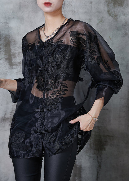 Black Embroidered Hollow Out Organza Blouses Summer