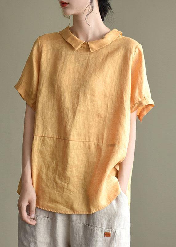 Simple Print4 Peter Pan Collar Patchwork Summer Linen Blouses