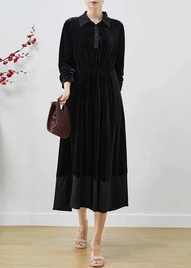 Black Peter Pan Collar Patchwork Silk Velvet Dresses Fall