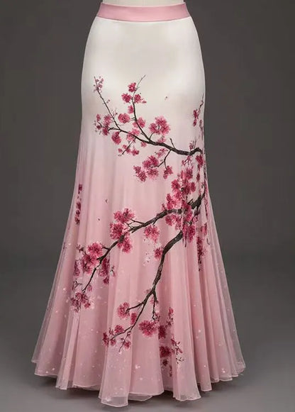 Art Pink Print High Waist Tulle Skirts Summer
