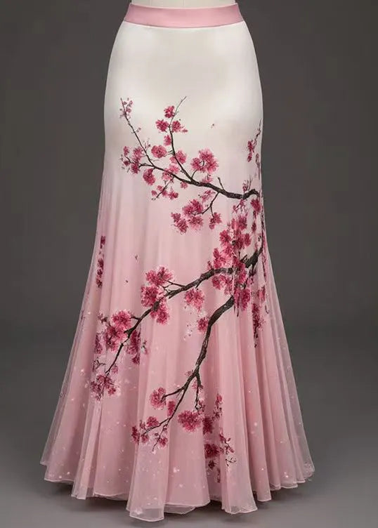 Art Pink Print High Waist Tulle Skirts Summer