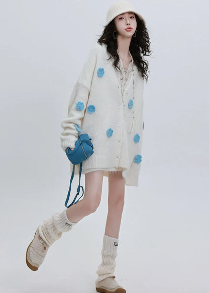 Cozy White Oversized Knit Cardigan Flower Decorated Winter