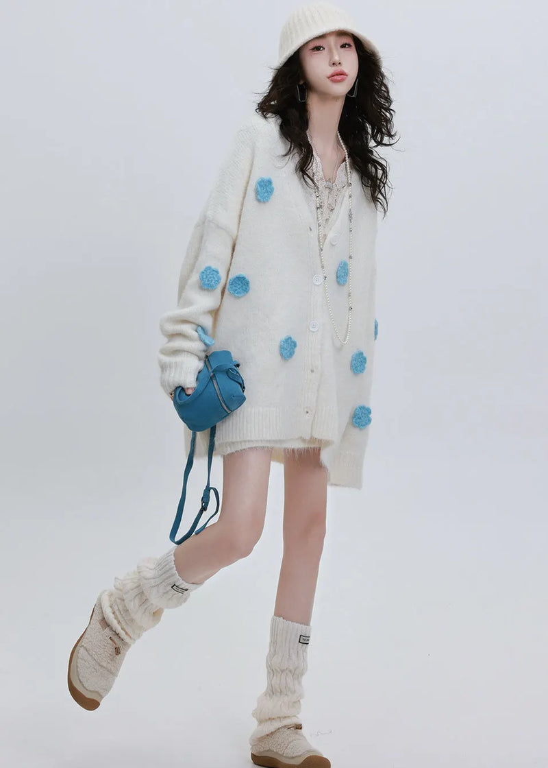 Cozy White Oversized Knit Cardigan Flower Decorated Winter