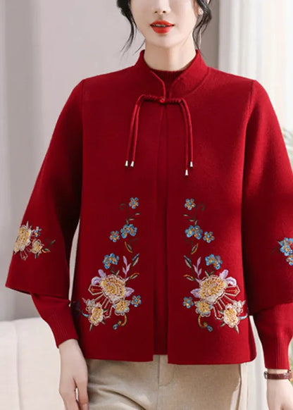 Red Embroidered Cotton Knit Cardigans and Sweater Two Pieces Set Fall