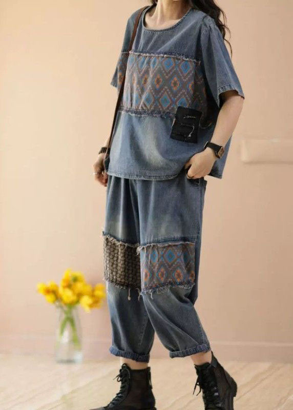 Blue O-neck Patchwork Tops and Pants Denim Two Pieces Set Summer