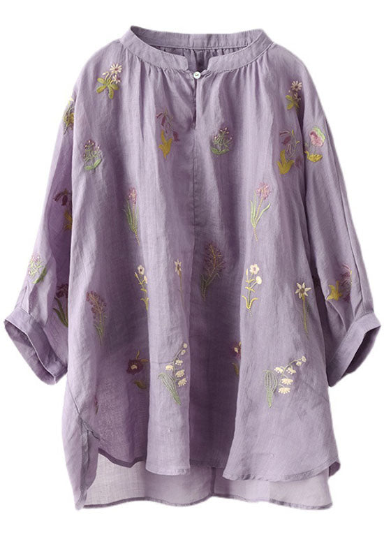 Purple Embroidered Loose Fall Three Quarter Sleeve Top