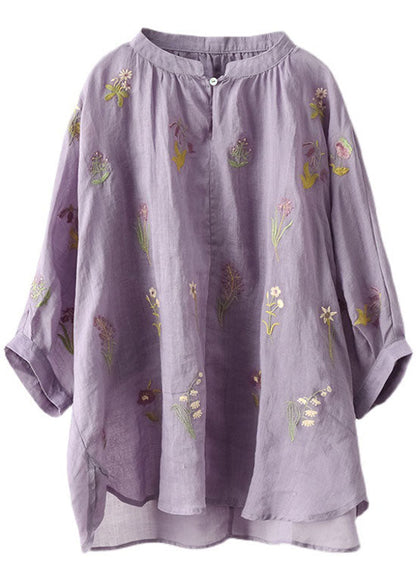 Purple Embroidered Loose Fall Three Quarter Sleeve Top