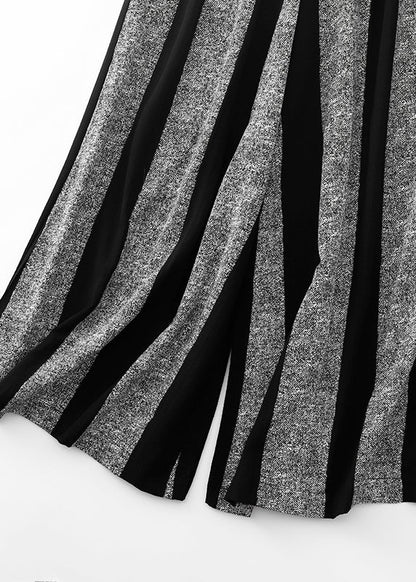 Black Striped Patchwork Cotton Wide Leg Pants Fall