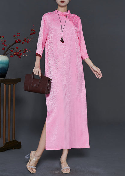 Pink Mandarin Collar Print Silk Robe Dresses Bracelet Sleeve