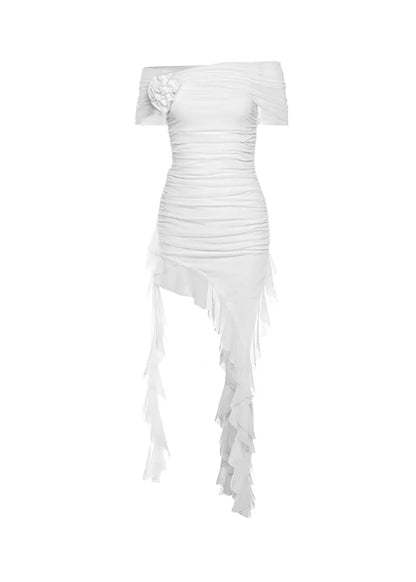 Boutique White Asymmetrical Ruffled Patchwork Dress Summer