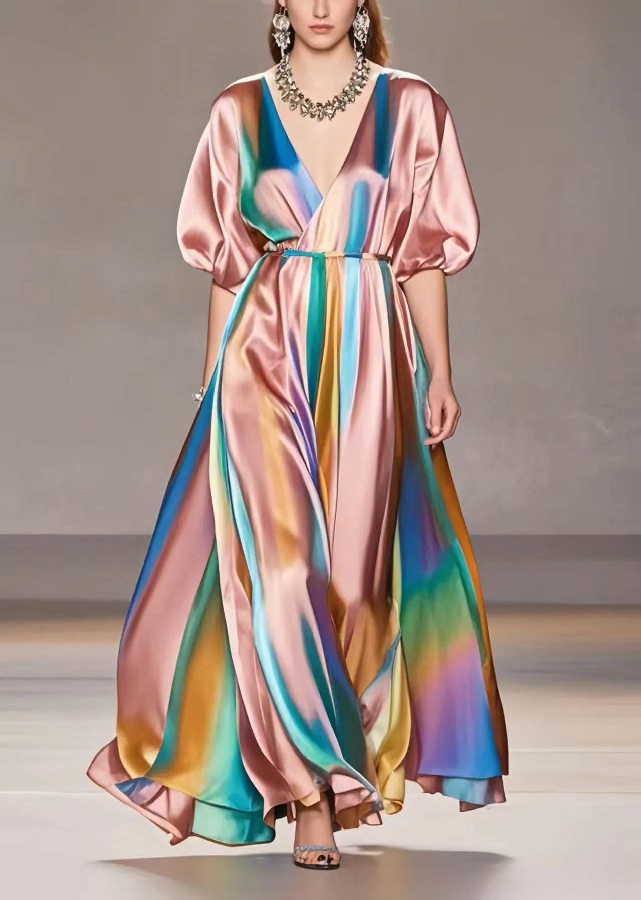 Style Rubber Red V Neck Tie Dye Silk Maxi Dresses Summer