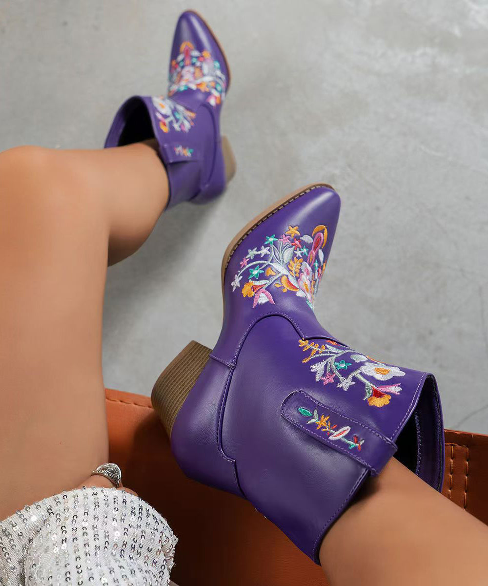 Purple Embossed Faux Leather Chunky Boots
