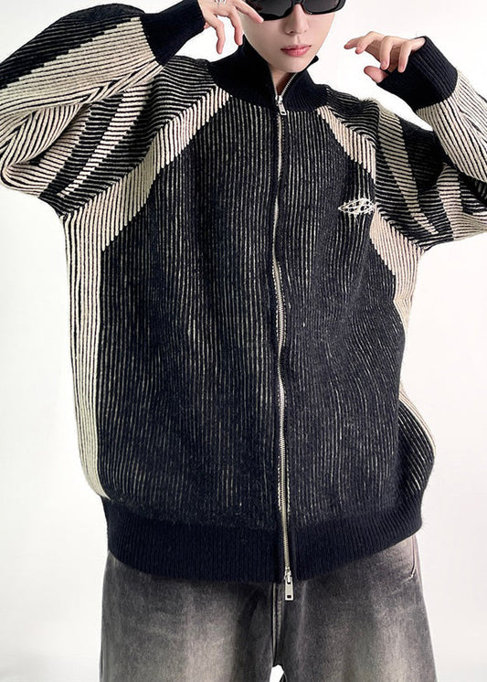 Black Zip Up Knit Fall Coat Stand Collar