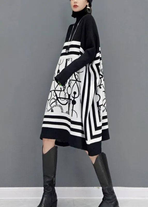 Diy White Turtle Neck Print Knit Long Dresses Spring