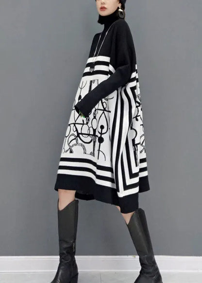 Diy White Turtle Neck Print Knit Long Dresses Spring