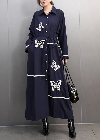Black Peter Pan Collar Print Long Dress Spring