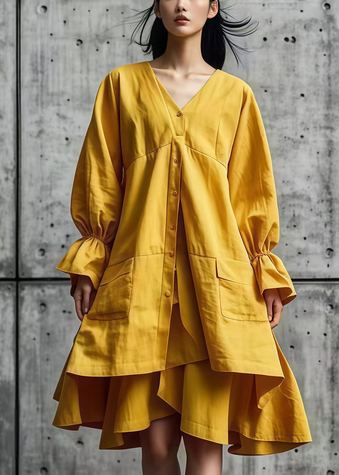 Yellow Asymmetrical Design Cotton Shirt Dresses Fall