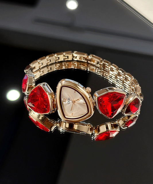 Red Stainless Steel Alloy Asymmetrical Gem Stone Watches
