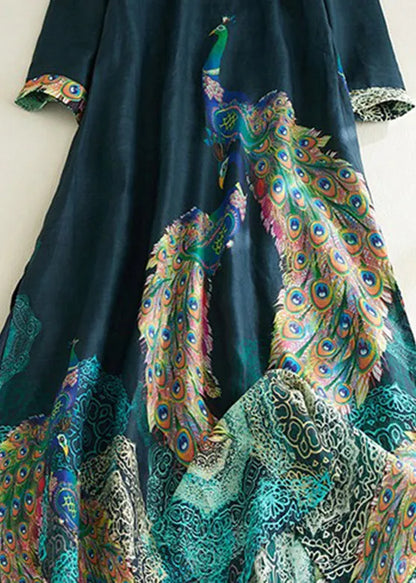 Blackish Green Stand Collar Print Side Open Long Dresses Short Sleeve