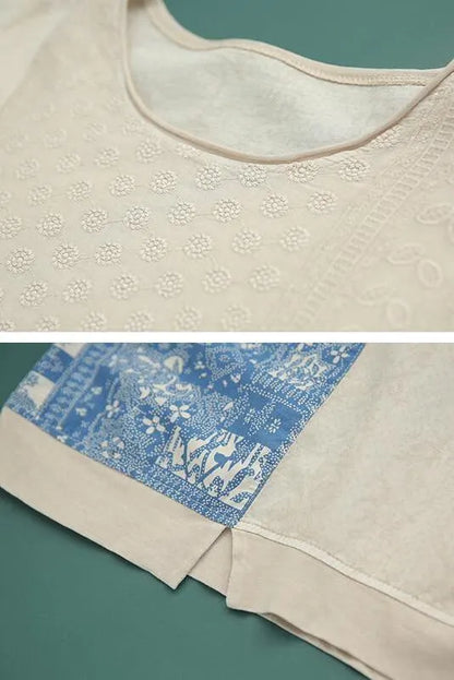Cotton Linen Patchwork Stitching Split T-shirt