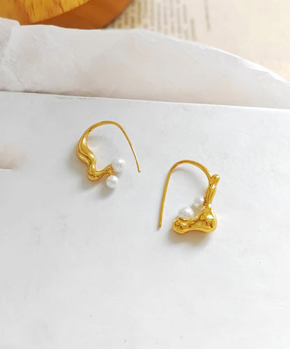 Gold Copper Asymmetrical Pearl Hoop Earrings