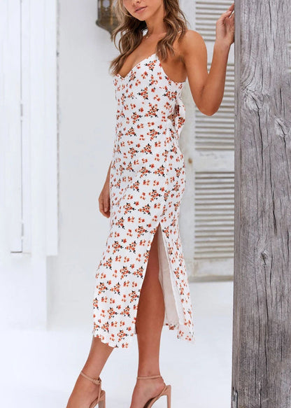 European and American Style Print Side Open Spaghetti Strap Dress