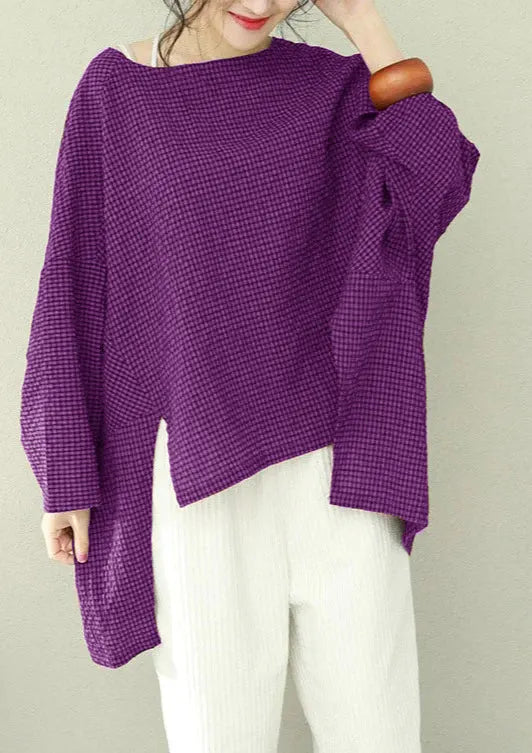 Asymmetric Cotton Fine Work Black Brown Plaid Oversized Tops