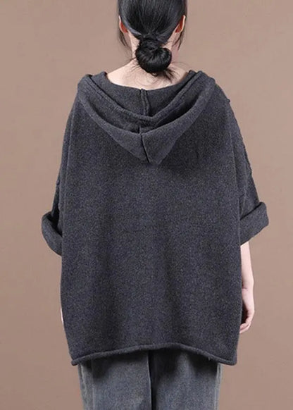 Comfy Dark Grey Hooded Pockets Sweater Coat