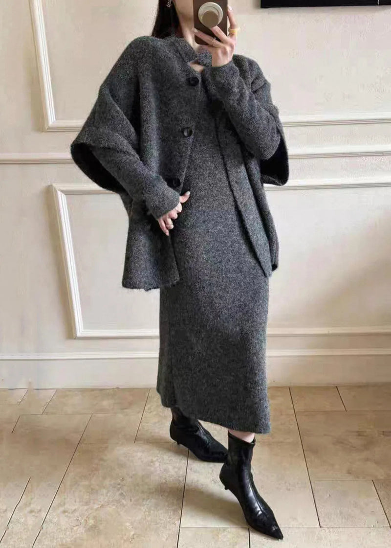 Grey Cozy Knit Three Piece Set Fur Collar Batwing Sleeve