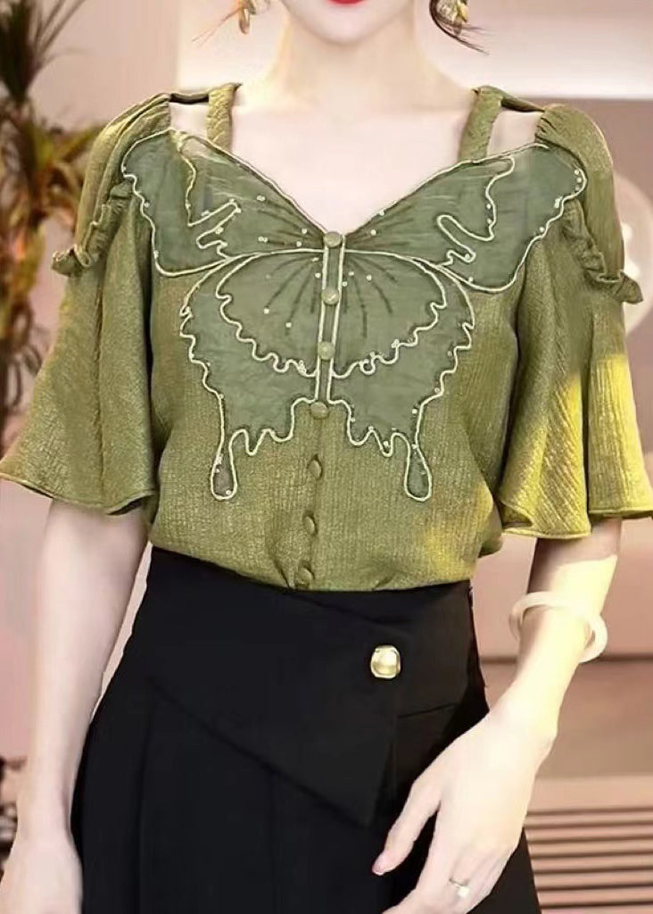 Green V Neck Ruffled Patchwork Hollow Out Shirt Summer