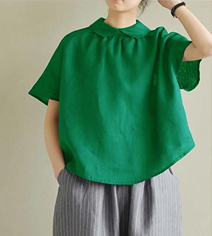 Simple Black Peter Pan Collar Linen Shirt Summer
