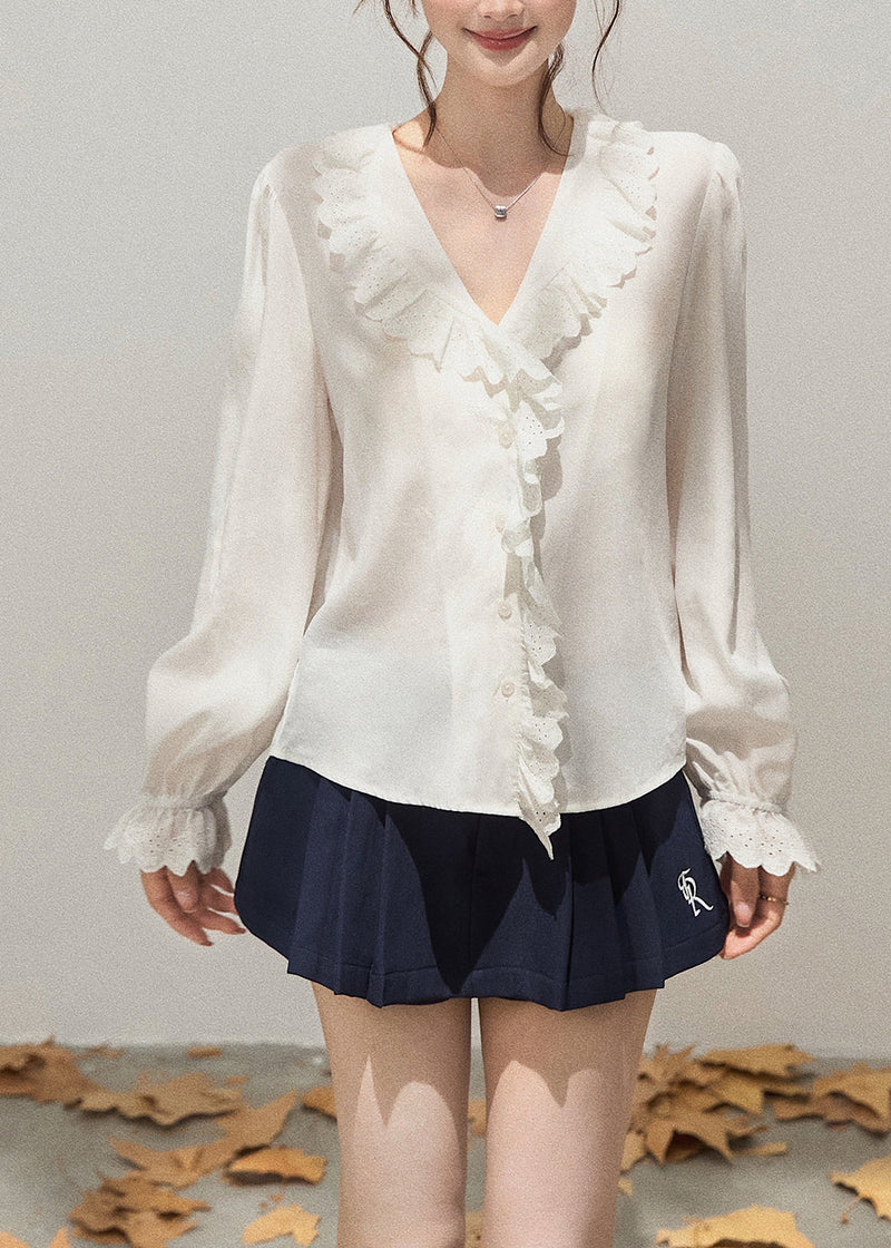 Simple White Ruffled Patchwork Cotton Shirts Fall