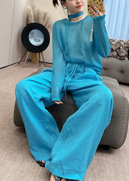 Stylish Blue O-neck Knit Toop and Wide Leg Pants Two Piece Set Fall
